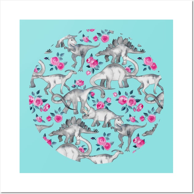 Dinosaurs and Roses – turquoise blue Wall Art by micklyn